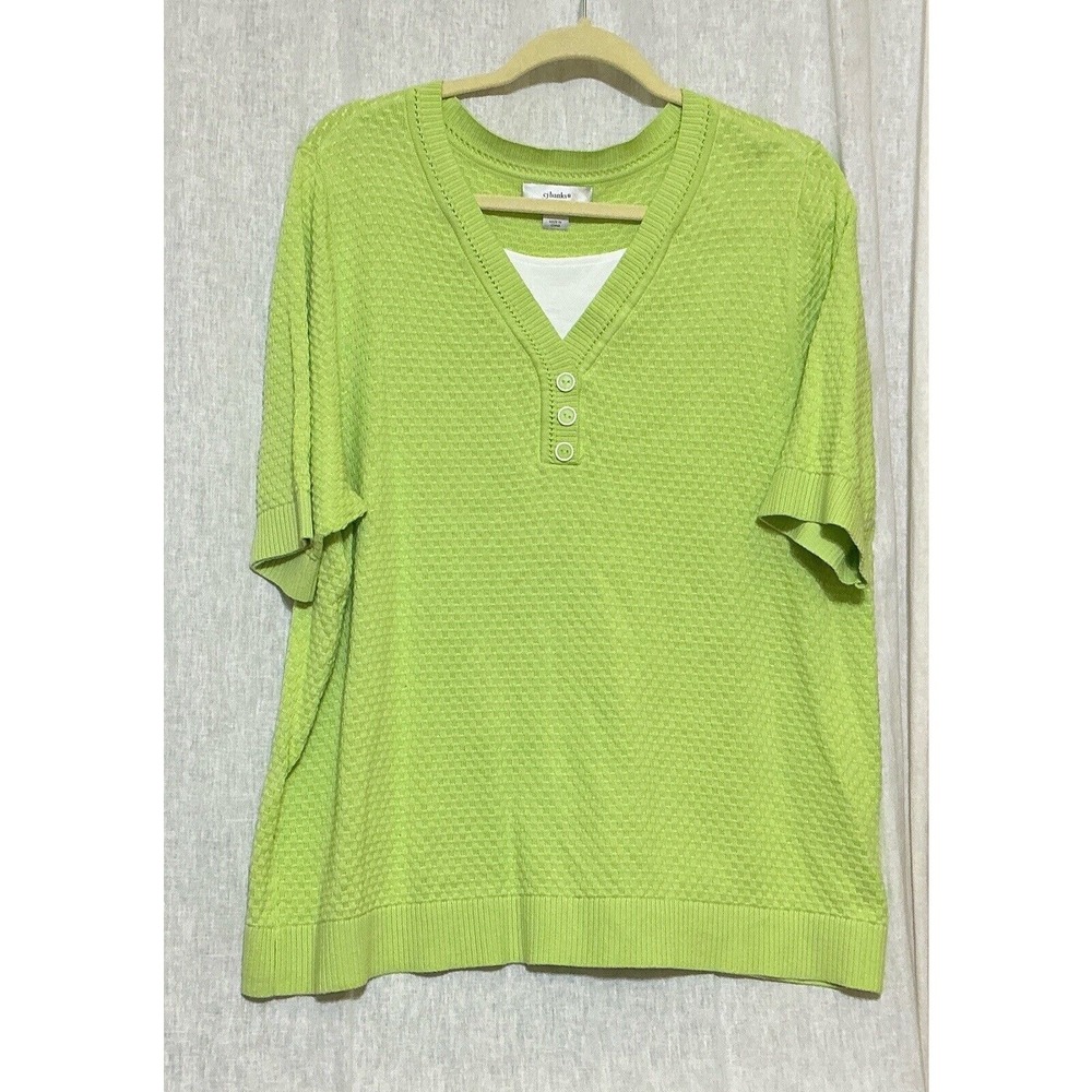 Cj Banks Woman's 1X Green Waffle Print Pull Over Layered Look Top Short Sleeve